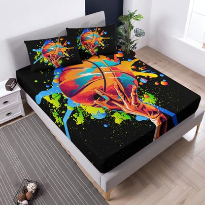 Black Basketball Twin Bedding Sets,1 Fitted Sheet+2 Pillowcases. - color: Color-black, size: Twin