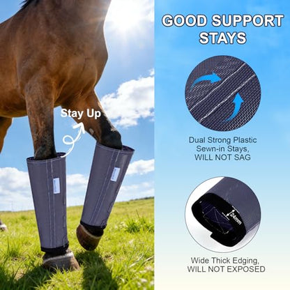 Fly Boots for Horses Set of 4, Loose Fitting Mesh Horse Fly Boots Leggings, Reduce-Stomping Adjustable Equine Leg Wraps & Socks, Stay Up Not Sag, No Rub (Black Blue) - color: Black Blue