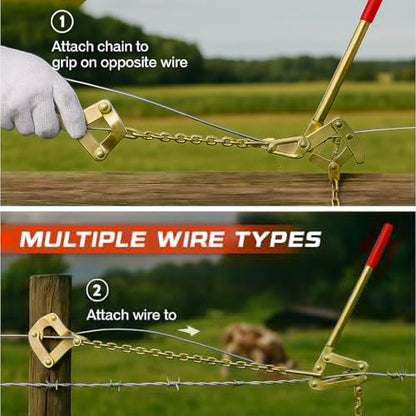 Heavy Duty Fence Wire Tensioner Tool – 81" Chain Strainer Barbed Wire Fence Stretcher, High Tensile Wire Tightener & Puller for Farm, Ranch & Garden Fencing (Fits 1.6–5.0mm Wire)