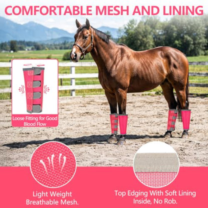 Fly Boots for Horses Set of 4 with Reflective Vercros, Loose Fitting Mesh Horse Fly Boots Leggings, Adjustable Equine Leg Wraps & Socks, Stay Up Not Sag, No Rub - color: Magenta