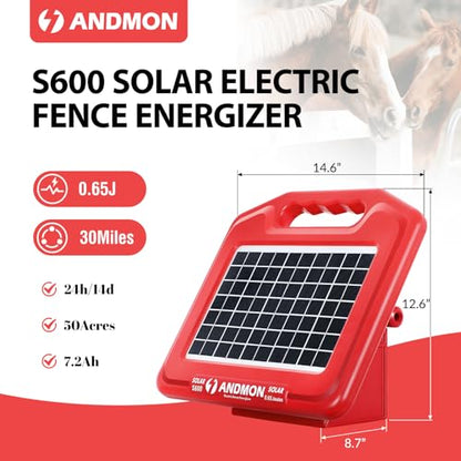ANDMON S600 Solar Electric Fence Charger - 35 Mile Range, 0.65 Joules Powerful Solar Fence Charger, Ideal for Livestock and Garden Protection - size: S600
