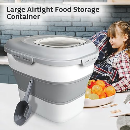 Komzon Rice Storage Bin Cereal Containers, 13-50lb Collapsible Rice Container Dispenser with Transparent Lid, Rolling Wheels, Measuring Cup and Scoop, Airtight Dog Cat Pet Food Storage Container White - color: White