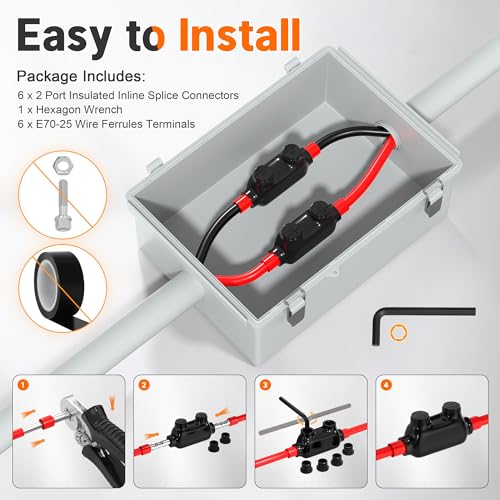 Joinfworld Insulated Inline Splice Connector 3/0-6AWG Aluminum to Copper Wire Connectors Aluminum Wire Connectors with Slotted Allen Hex - 6 Pack - size: 3/0-6 AWG