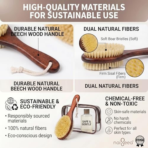 Short-Handle Dual-Sided Bath Massage Brush, Soft Boar & Firm Sisal Bristles, Portable (Red Oak)