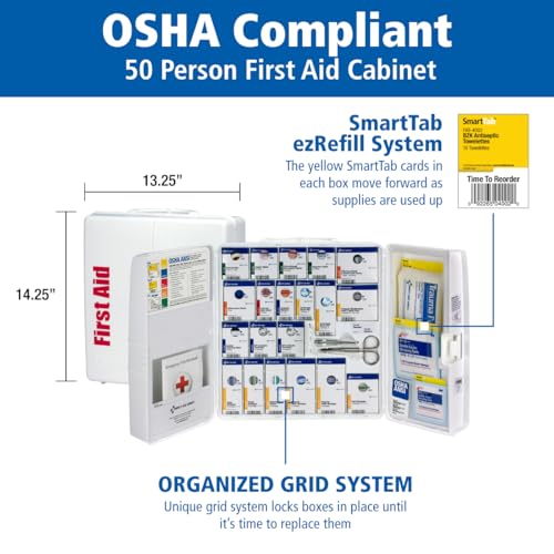 First Aid Only SmartCompliance 50-Person OSHA Compliant First Aid Kit for Business and Office Spaces - Large Plastic Cabinet - Emergency Supplies for Cuts, Bruises, and Scrapes - 245 Pieces