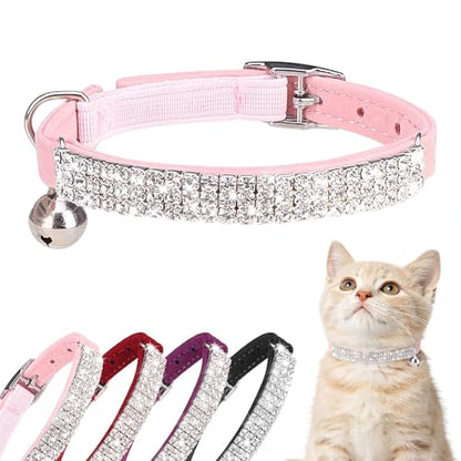 BINGPET Diamond Cat Collar with Bell,Adjustable Kitten Collar,Pink - color: Pink(Rhinestones), size: Neck Girth 8"-10"