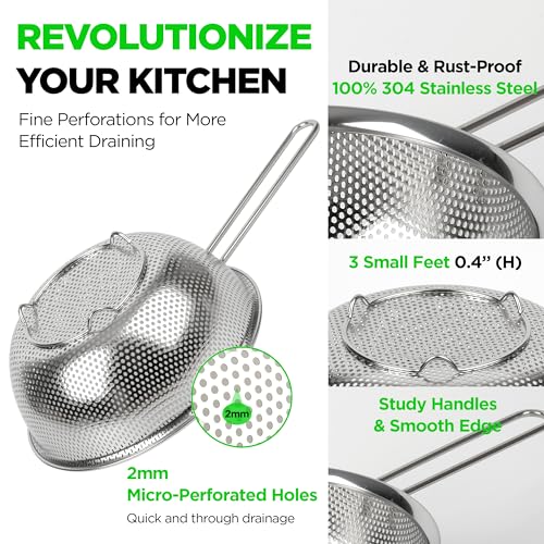 Stainless Steel Colander Set of 3, 1.5/2.5/4 Qt, Long Handle - size: 1.5+2.5+4QT Strainer