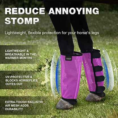 Harrison Howard Loose Fitting Fly Boots UV-Protective Extra Tough Mesh Ventilated Four Fasteners Stay-on Design Protect Horse Legs & Stomp-Reducing Set of 4 Purple Large - color: Purple, size: Large