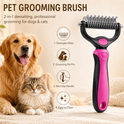 2PCS Pet Grooming Combo - Blue Deshedding Brush with Metal Comb for Detangling and Dematting Long, Matted Fur on Cats and Dogs (Pink+Blue) - color: Pink+Blue