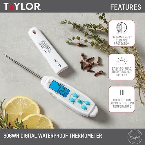 Taylor Digital Waterproof Meat Thermometer for Kitchen, Grill & BBQ, Blue Backlit Display, Narrow Step-Down Probe, Hold Function, NSF Certified, White - color: White