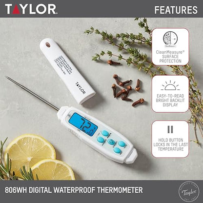 Taylor Digital Waterproof Meat Thermometer for Kitchen, Grill & BBQ, Blue Backlit Display, Narrow Step-Down Probe, Hold Function, NSF Certified, White - color: White