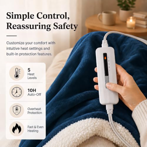 Electric Heated Blanket 62"x84" Twin Size, Dark Blue&White | Safe All Night, Dual-Sided Microplush Sherpa for Bedroom Use, 4 Heat Settings & 10 Hours Auto Off, Machine Washable - color: 09-darkbule, size: Twin(62"x84")