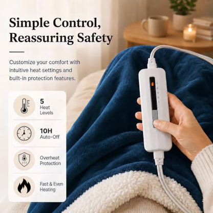 Electric Heated Blanket 62"x84" Twin Size, Dark Blue&White | Safe All Night, Dual-Sided Microplush Sherpa for Bedroom Use, 4 Heat Settings & 10 Hours Auto Off, Machine Washable - color: 09-darkbule, size: Twin(62"x84")