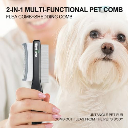 2-in-1 Dog Dematting&Deshedding Comb with Wooden Handle | Double-Sided Fine Tooth Metal Flea Comb for Dogs&Cats,Stainless Steel Deshedding Blade,Remove Loose Hair Tangles Dirt Fleas