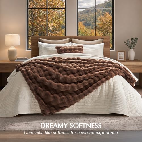 EverGrace Faux Rabbit Fur Bubble Throw Blanket, 50"x60", Chestnut - color: Chestnut, size: 50"x60"