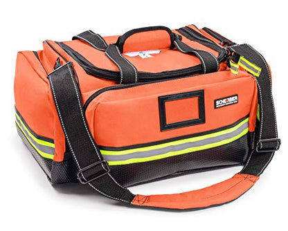 Scherber Fully-Stocked First Responder Professional Advanced EMT/EMS Trauma Kit | HSA/FSA Approved | Reflective Bag w/10+ Compartments, Zippered Pockets & 250+ First Aid Supplies (Orange) - color: Orange