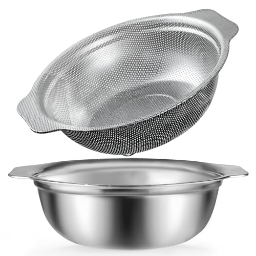Stainless Steel Colander, 4.5QT Large Capacity with Mixing Bowl, Rice Washing Bowl with Strainer for Washing Vegetables, Fruit, Spaghetti, Pasta Strainer, Dishwasher Safe(2PC) - size: 4.5QT