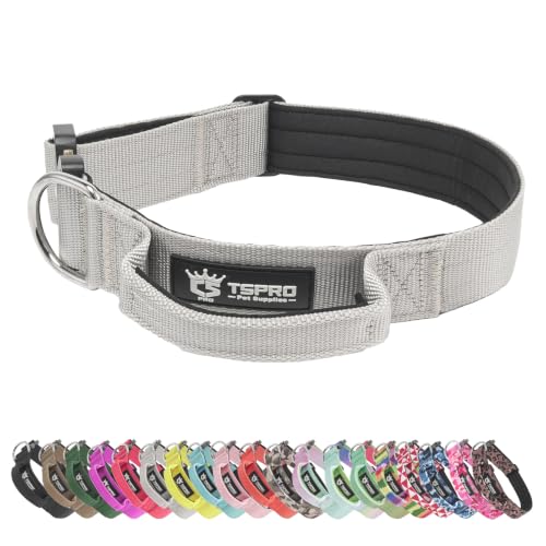 TSPRO Heavy Duty Tactical Dog Collar Quick Release Metal Buckle with Handle | Premium Dog Collar, Military Nylon, 1.25 Inch Wide, Soft Padded, Thick, Durable, Adjustable for Medium Dogs (Silver M) - color: Basic Silver, size: M, Handle Style, Neck 14.5"–1