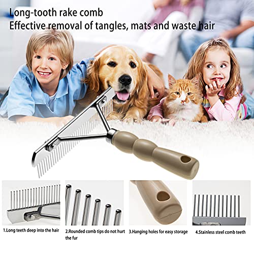 Undercoat Rake for Dogs, 2 Pack Double Coat Brush Set Long Tooth Undercoat Brush & Flea Comb, Long Hair Dog Combs for Grooming Shedding German Shepherd Horse Great Pyrenees