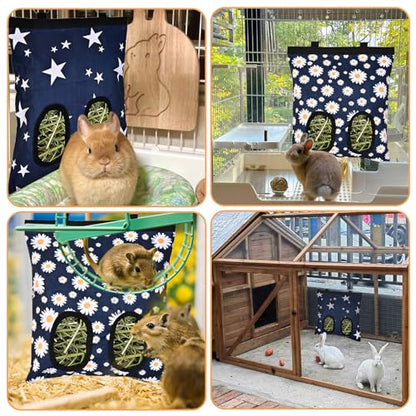 Upgraded Rabbits Hay Feeder Bag for Bunny, Guinea Pigs, Chinchillas - Hanging Washable 2-Hole Hay Dispenser with 600D Oxford Fabric, Small Animal Cage Accessories （Blue Star and Blue Daisy） - color: Blue Star and Blue Daisy