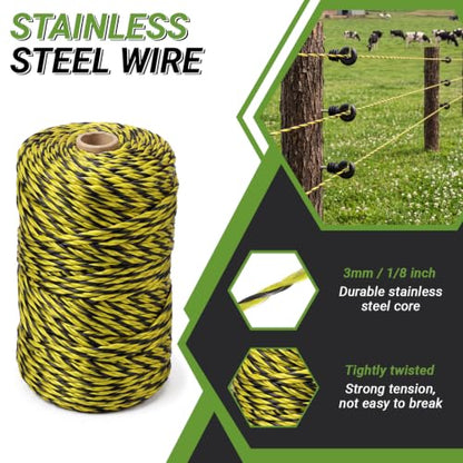 Tudomro 102 Electric Fence Wire Kit 100 Electric Fence Insulators 1 Roll of 3mm 656ft Stainless Steel Polywire 1 Insulator Socket Tool for Reliable Conductivity & Rust Resistance