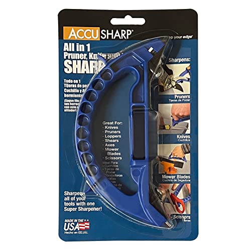 AccuSharp All-in-One Sharpener, All Purpose Sharpener for Knives, Scissors, Garden Tools, Sharpens & Restores Serrated Knives, Cleavers, Axes, Machete, Blue - color: Blue