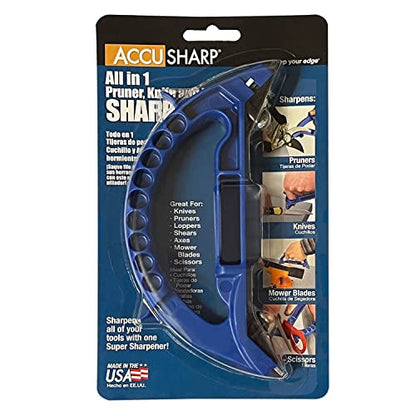 AccuSharp All-in-One Sharpener, All Purpose Sharpener for Knives, Scissors, Garden Tools, Sharpens & Restores Serrated Knives, Cleavers, Axes, Machete, Blue - color: Blue