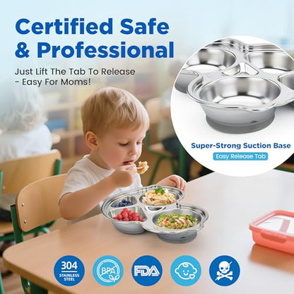 Stainles Steel Baby Suction Plate, Car Divided Toddler Plate Gray - color: Gray