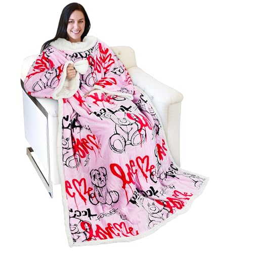 Catalonia Sherpa Wearable Blanket with Sleeves and Pocket for Adults - color: Graffiti Bear Pink, size: Standard Pocket