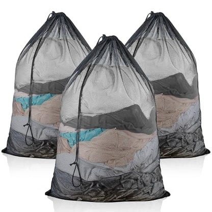 3 Pack Large Mesh Laundry Bag, 24 x 36 Inch Mesh Wash Bag with Drawstring Closure, Delicates Bag for Washing Machine - Perfect for College Dorms, Travel, Laundromats, Apartments (Black)
