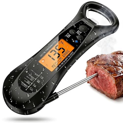 Instant Read Meat Thermometer, Waterproof Digital Food Thermometer | Backlit LCD Display, Long Probe, Fast Accurate Temperature Reading for BBQ, Grill, Candy & Oil Cooking (°C/°F)