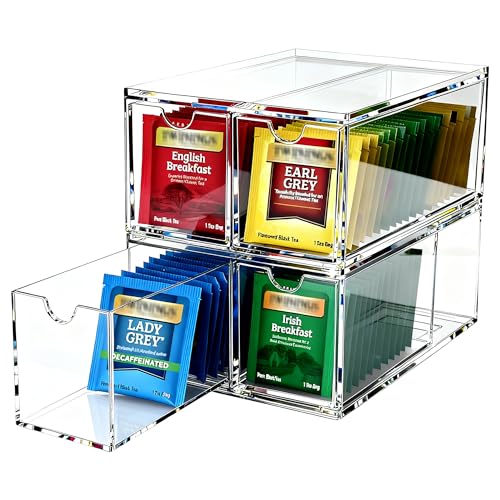 Youngever 4 Pack Plastic Tea Packet Organizers, Stackable Tea Bag Drawers, Clear Tea Bag Drawer Organizers (6" x 9" x 3.5")