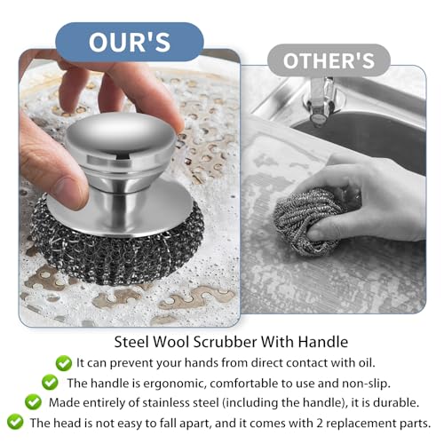 4Pcs Steel Wool Scrubber Set, Stainless Steel Scrubber with Stainless Steel Handle, for Cleaning Dishes, Cast Iron, Stock Pots, Pans, Griddles, Grills - color: Silver