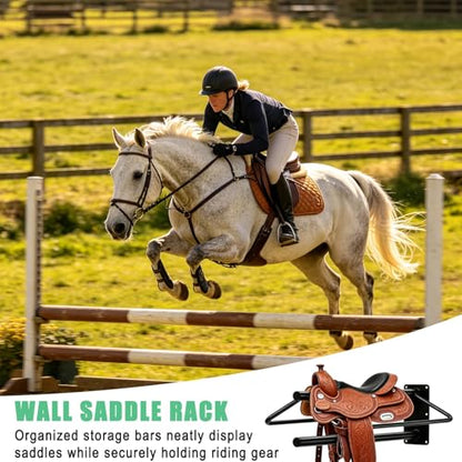 Youlina 4 Pack Wall Mounted Saddle Rack with Pad Bar, Heavy Duty Black Horse Saddle Stand for English & Western Saddles, Sturdy Storage for Saddle Pads & Blankets