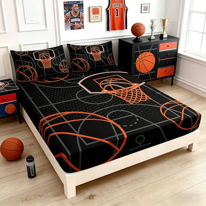 Basketball Court Full Bedding Set,1 Fitted Sheet+2 Pillowcases. - color: Black-orange, size: Full