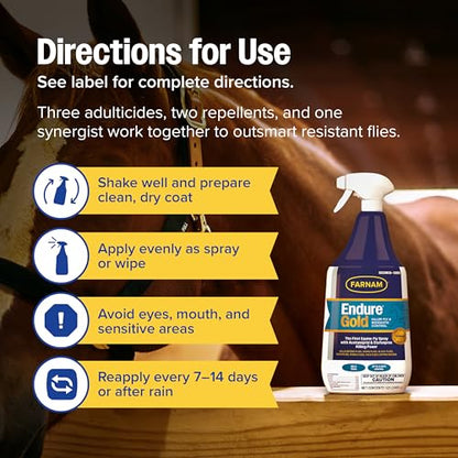 Farnam Endure Gold Killer Fly Spray for Horses, Kills Biting Flies, 32 oz - size: 1 Quart