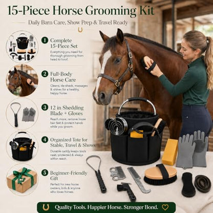 Horse Grooming Kit, 15-Piece Horse Brush Set with Tote Bag, Long Shedding Blade, Hoof Pick, Curry Comb, Sweat Scraper, Mane and Tail Comb, Gloves, Equine Grooming Supplies, Black - color: Black