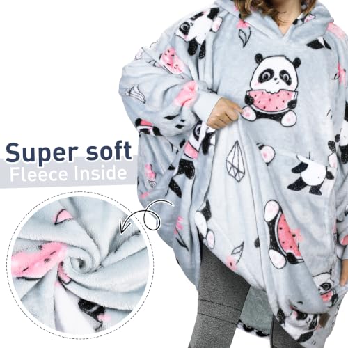 Catalonia Oversized Blanket Hoodie, Panda Print Fleece Wearable Blanket - color: Girl Panda Grey
