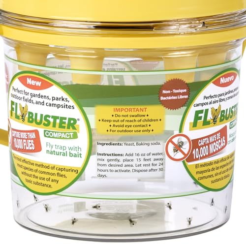 Flybuster Fly Trap | Outdoor Device for Catching Flies | 1-Liter Compact Size | Comes with One Flytrap and 1 Bait Packet | 10,000 Fly Capacity | Non-Toxic | Child & Pet Safe - size: Compact (1-Pack)