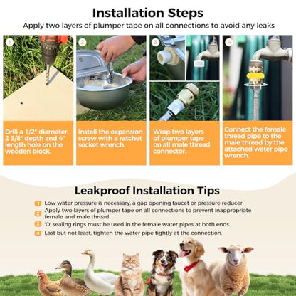 BinetGo Outdoor Automatic Water Dispenser for Dogs, Stainless Steel Bite Resistant Automatic Dog Water Bowl with Drain Plug, Outside Auto Refillable Water Bowl with Float for Goat Livestock