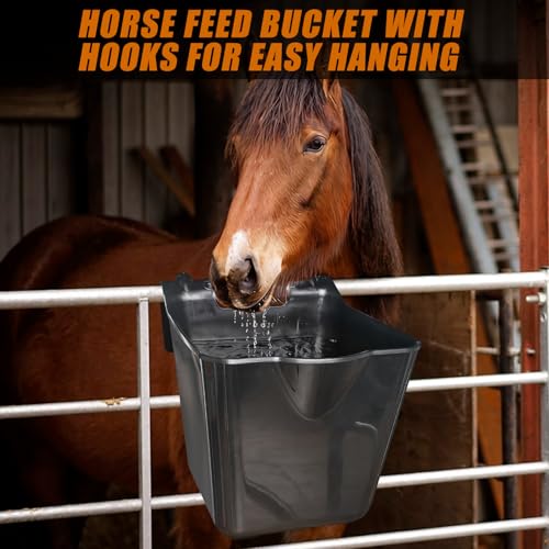 15 Qt Hook-Over Plastic Livestock Horse Feed Bucket, 6-Pack, Black | Heavy duty 15 quart hanging Fence Hay Feeder, mountable feed bucket for horse, sheep, cattle, ideal for stalls & pasture use