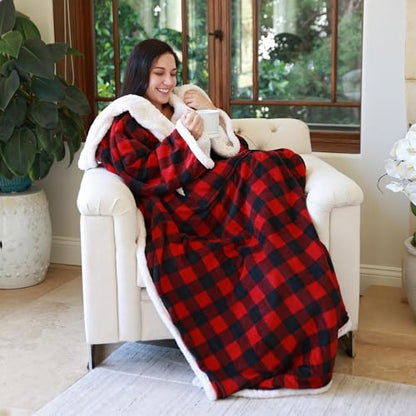 Catalonia Sherpa Wearable Blanket with Sleeves and Pocket for Adults - color: Red Checker, size: Standard Pocket