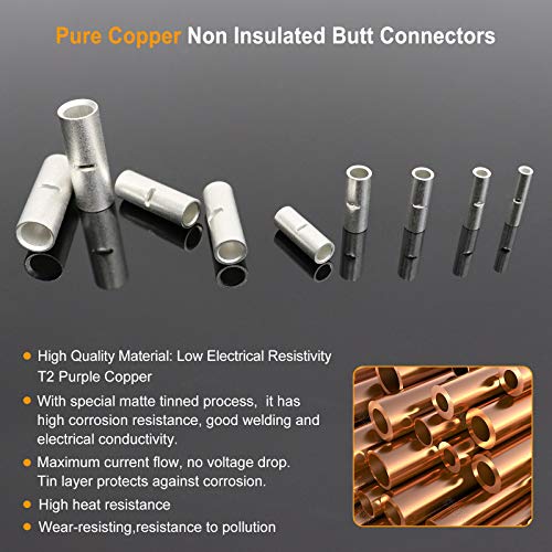 SVAAR 6PCS 0 Gauge Non Insulated Butt Connectors 1/0 AWG Uninsulated Butt Splice Connectors Crimp Repair Butt Splices Kit Tinned Copper Seamless Barrel Butt Splice Terminals & 6PCS 3:1 Heat Shrinks