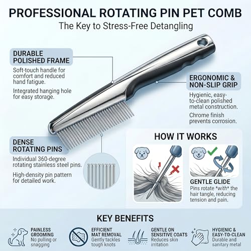 Resco Pet Products Rotating Tooth Comb - Professional Detangling & Dematting Grooming Comb for Dogs and Cats, Prevents Hair Pulling - color: Rotating Pin Comb