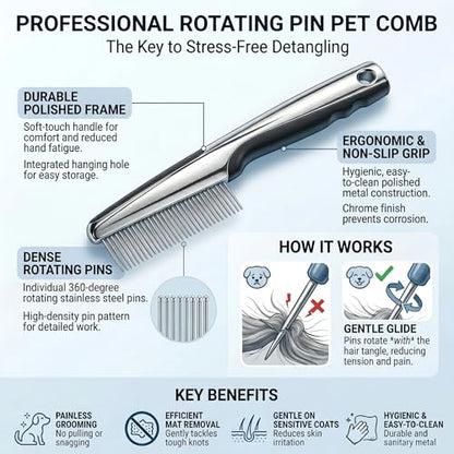 Resco Pet Products Rotating Tooth Comb - Professional Detangling & Dematting Grooming Comb for Dogs and Cats, Prevents Hair Pulling - color: Rotating Pin Comb