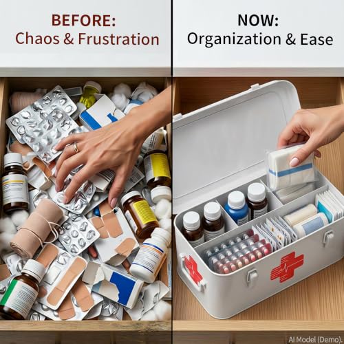 Orionstar Metal First Aid Box with Handle, 3 Pill Organizers, White - color: White