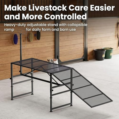 Heavy Duty Goat Stand with Ramp, Sheep Shearing Stand for Farms Barns Grooming Areas, Adjustable Goat Milking Stand with Ramp for Daily Animal Care