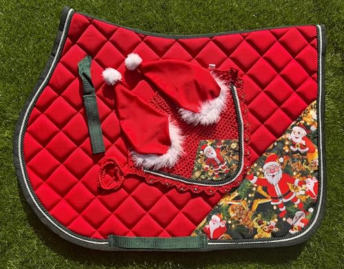 Santa Claus English Saddle Pad Set Numnah Horse Ear Bonnet Saddle Cloth Saddle Blanket Horse Riding Wears - size: HORSE / FULL
