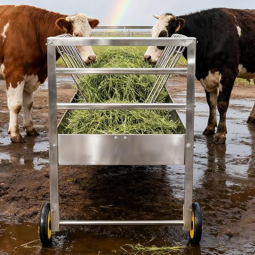 2 in 1 Hay and Grain Feeder on Wheels for Goats Sheep Lambs, Separated Feeding System to Minimize Hay Waste, Galvanized Steel Mobile Cart, Rust Resistant