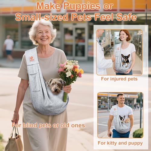 Tomkas Small Dog Cat Sling Carrier Puppy Purse Travel Wrap Soft Crossbody Pet Bag (Gray, M - Classic Pocket & Classic Strap) - color: Gray